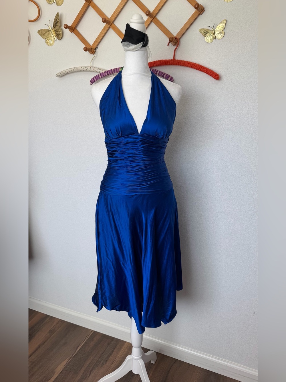 Vintage Y2K Cache Blue Silk Asymmetrical Halter Midi Dress Size 2
